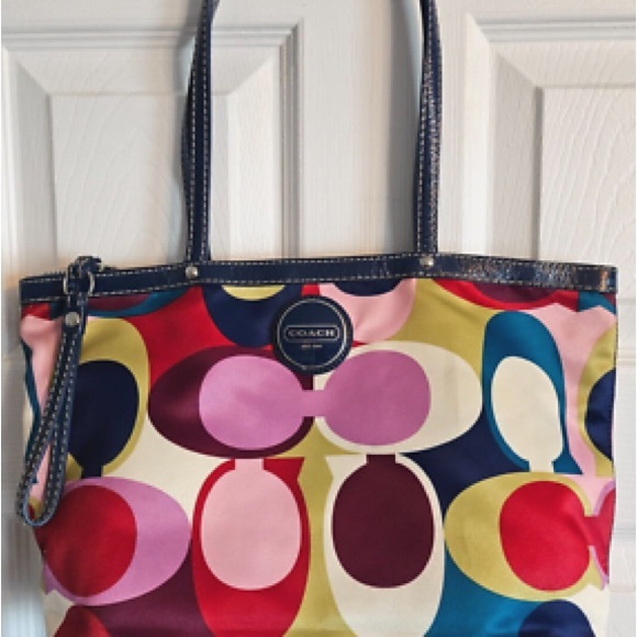 Coach Signature Scarf Print Multicolor Satin Tote Bag - Picture 1 of 8